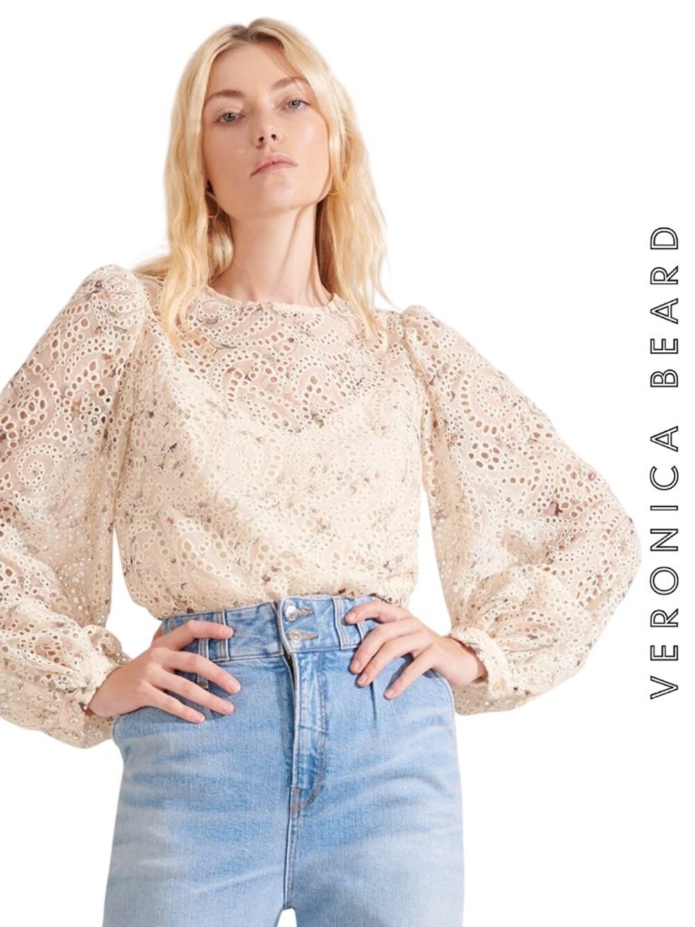Veronica Beard Azar Eyelet Chiffon Floral Blouse Size 12 White Multi